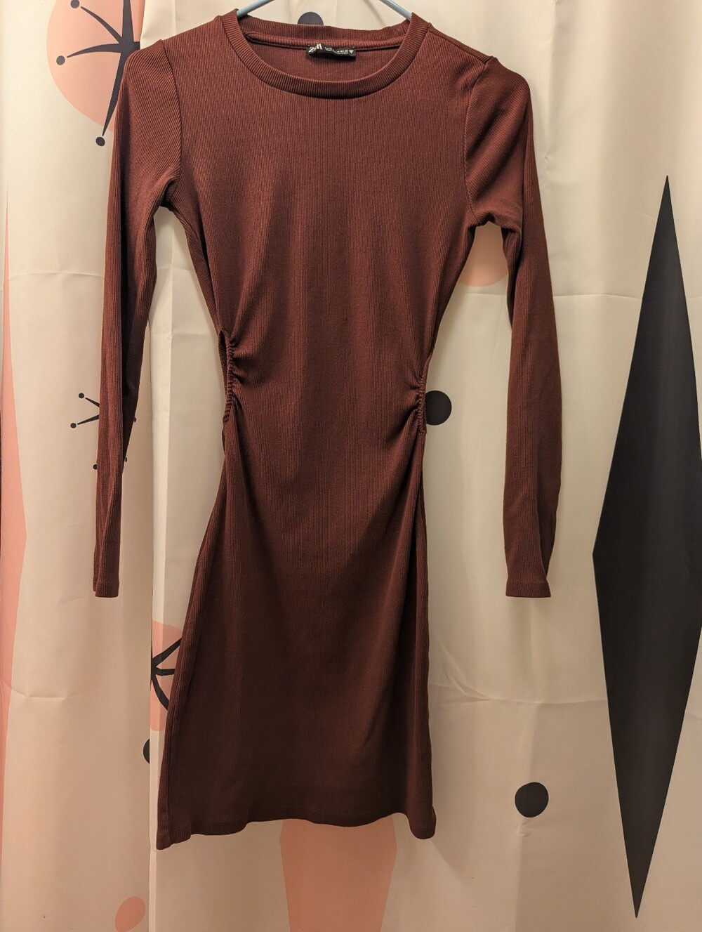 Zara Brown Ribbed Ruched Bodycon Mini Dress Long Sleeve M